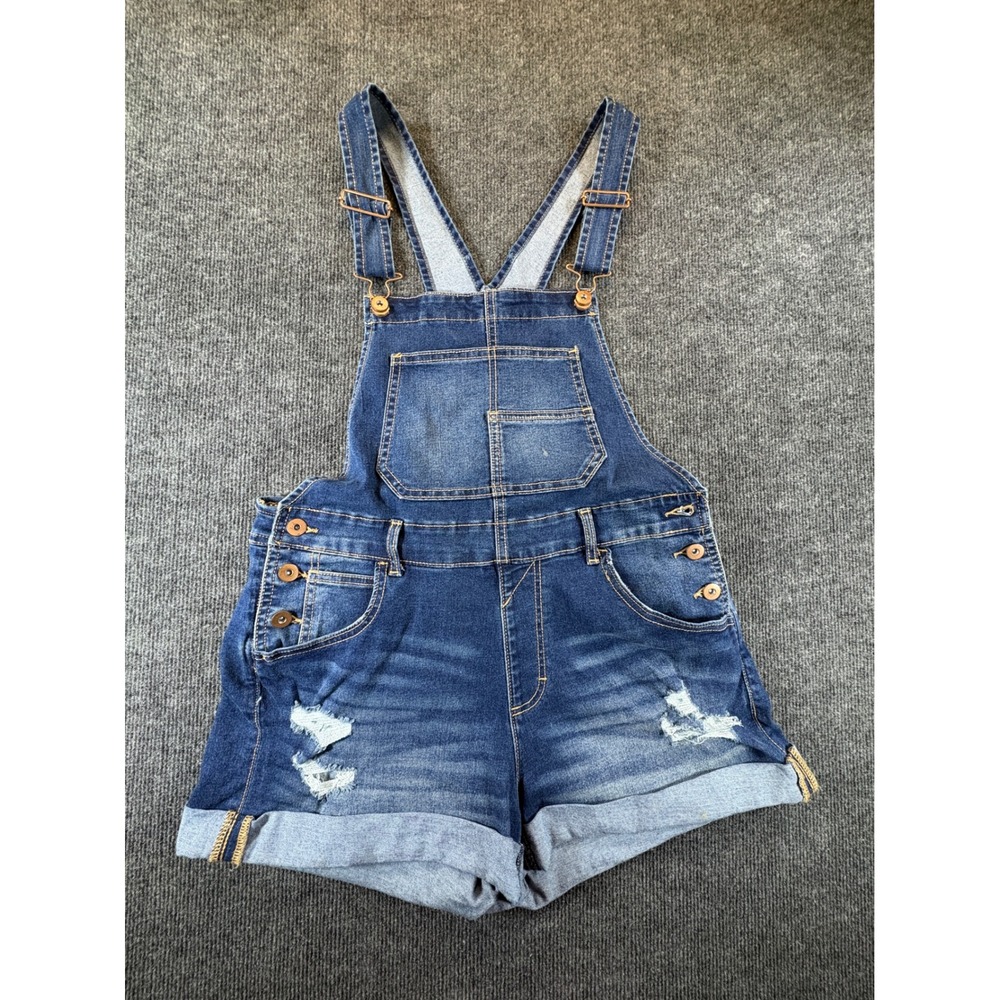 No Boundaries Womens Distressed Denim Shortalls Medium Wash Blue 2782